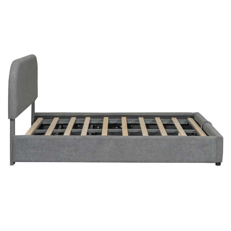 Lit plateforme rembourré, tête de lit incurvée, rangement hydraulique, polaire teddy, style moderne, gris/blanc, 2 personnes