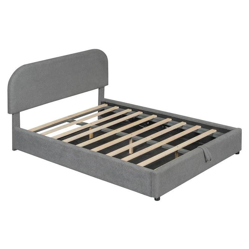 Lit plateforme rembourré, tête de lit incurvée, rangement hydraulique, polaire teddy, style moderne, gris/blanc, 2 personnes