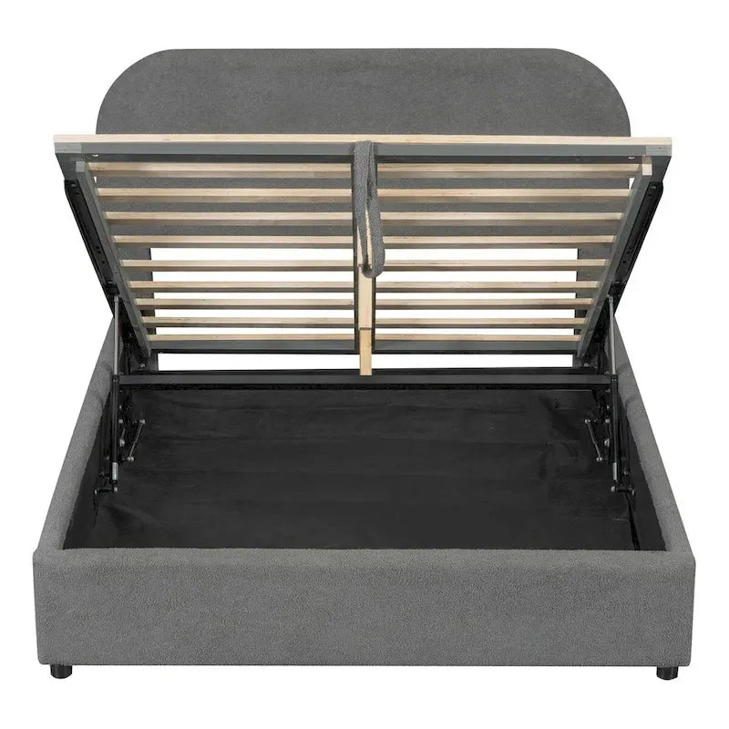 Lit plateforme rembourré, tête de lit incurvée, rangement hydraulique, polaire teddy, style moderne, gris/blanc, 2 personnes
