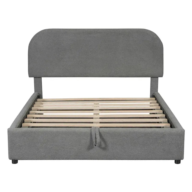 Lit plateforme rembourré, tête de lit incurvée, rangement hydraulique, polaire teddy, style moderne, gris/blanc, 2 personnes