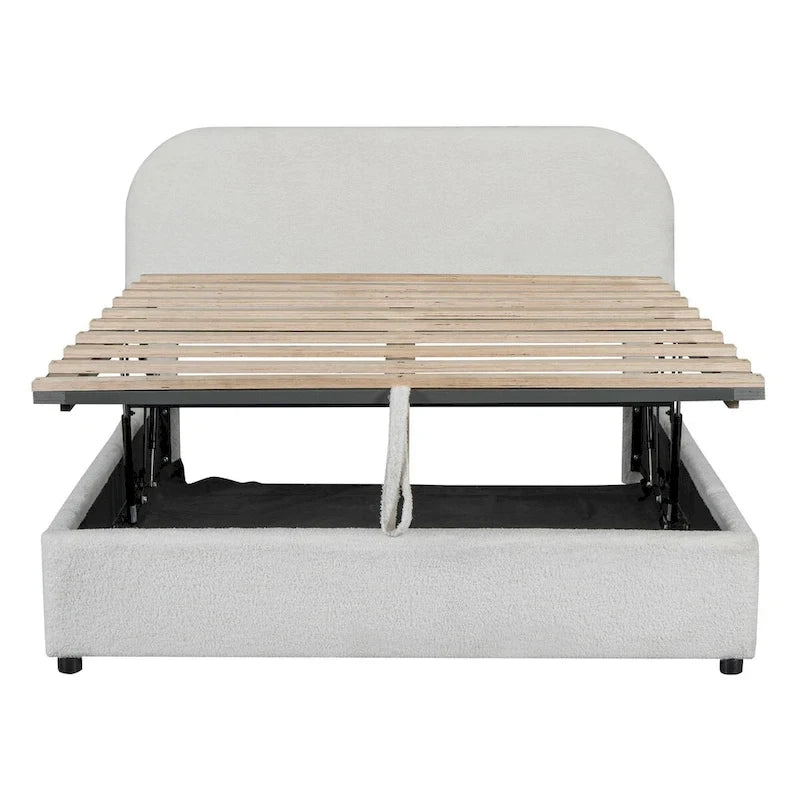 Lit plateforme rembourré, tête de lit incurvée, rangement hydraulique, polaire teddy, style moderne, gris/blanc, 2 personnes