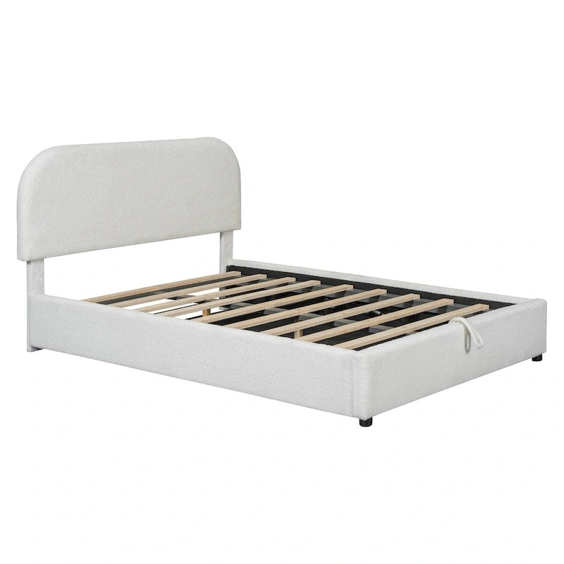 Lit plateforme rembourré, tête de lit incurvée, rangement hydraulique, polaire teddy, style moderne, gris/blanc, 2 personnes