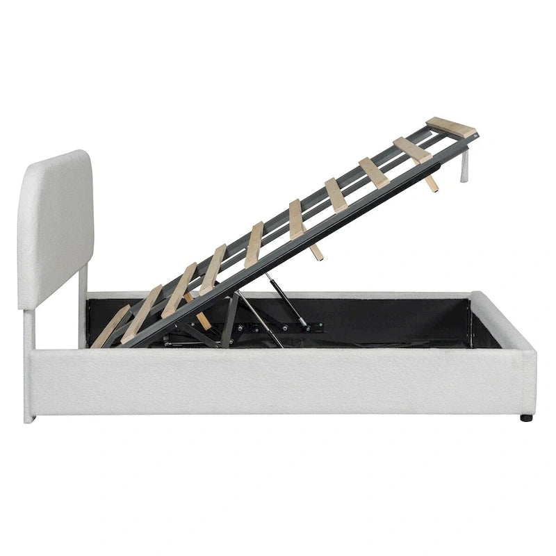 Lit plateforme rembourré, tête de lit incurvée, rangement hydraulique, polaire teddy, style moderne, gris/blanc, 2 personnes