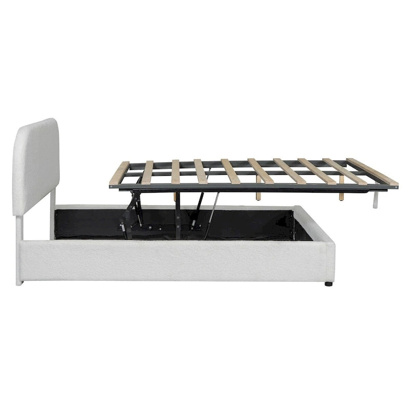 Lit plateforme rembourré, tête de lit incurvée, rangement hydraulique, polaire teddy, style moderne, gris/blanc, 2 personnes