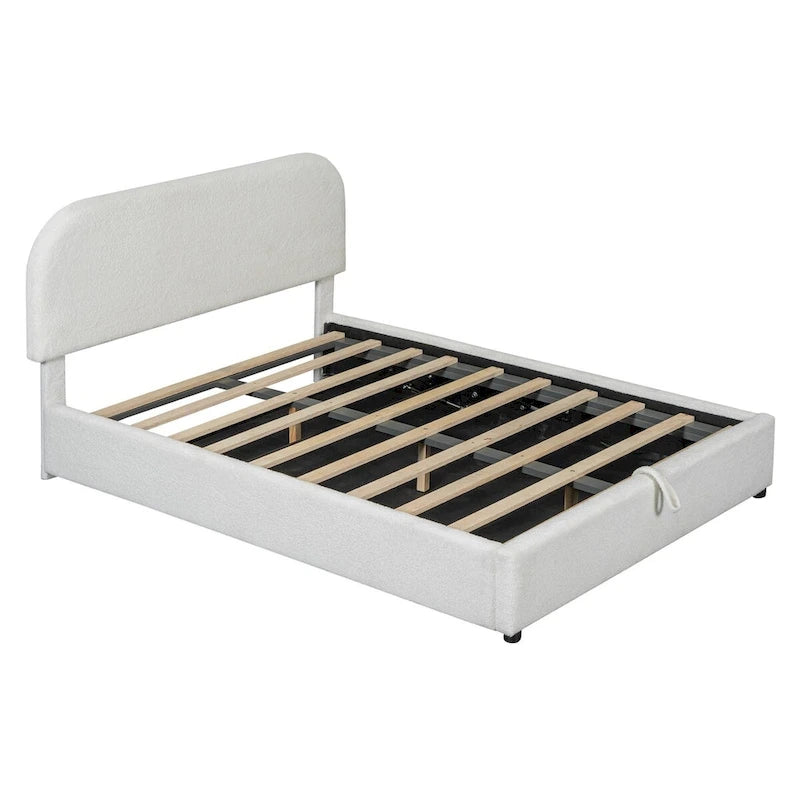 Lit plateforme rembourré, tête de lit incurvée, rangement hydraulique, polaire teddy, style moderne, gris/blanc, 2 personnes