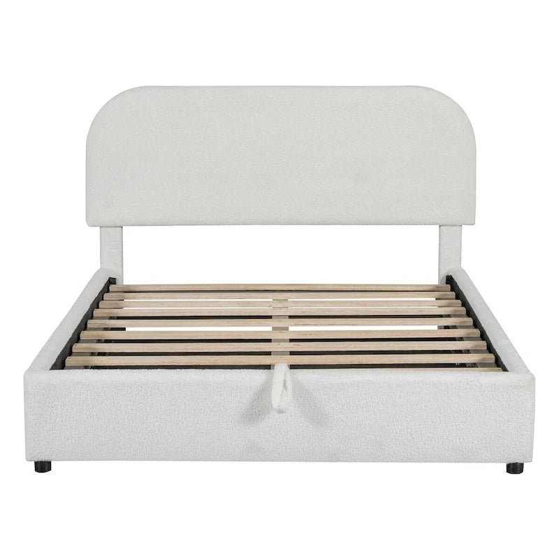 Lit plateforme rembourré, tête de lit incurvée, rangement hydraulique, polaire teddy, style moderne, gris/blanc, 2 personnes