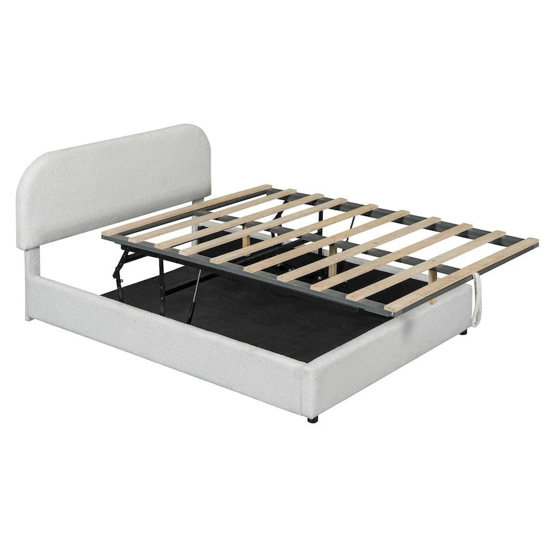 Lit plateforme rembourré, tête de lit incurvée, rangement hydraulique, polaire teddy, style moderne, gris/blanc, 2 personnes