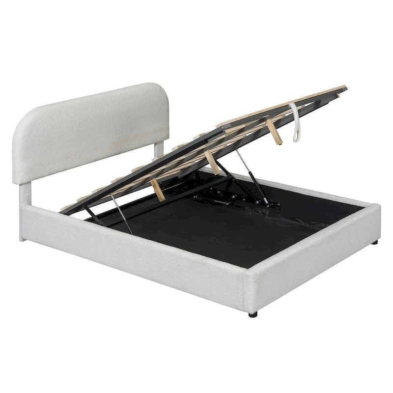 Lit plateforme rembourré, tête de lit incurvée, rangement hydraulique, polaire teddy, style moderne, gris/blanc, 2 personnes