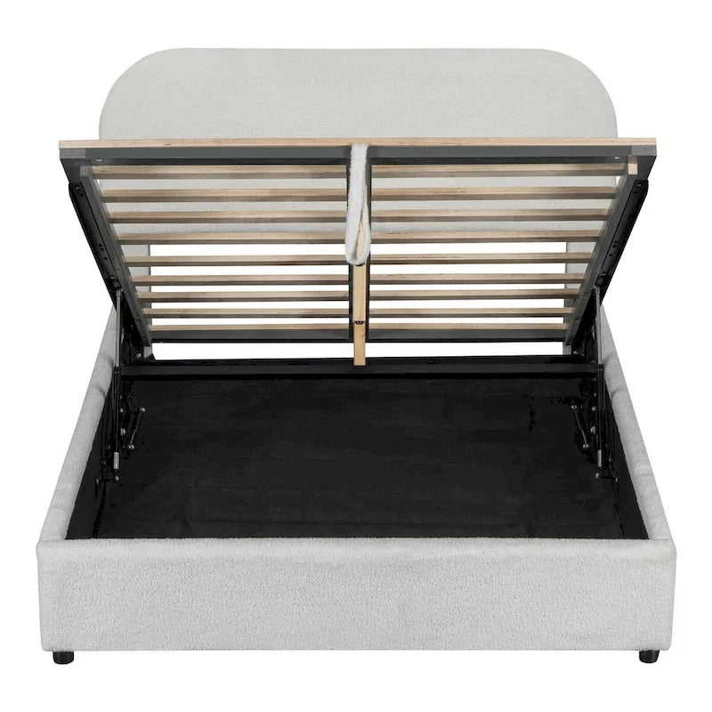 Lit plateforme rembourré, tête de lit incurvée, rangement hydraulique, polaire teddy, style moderne, gris/blanc, 2 personnes